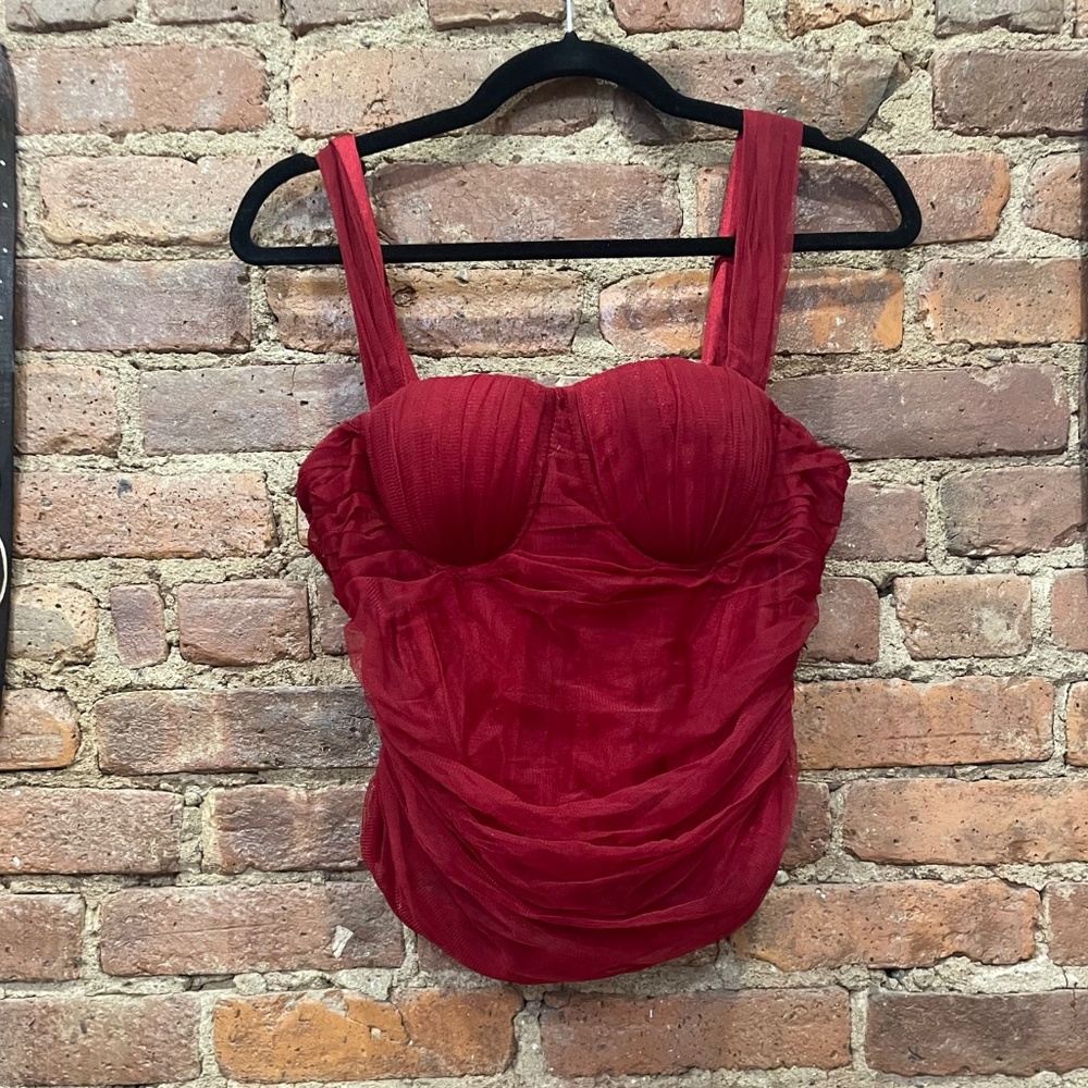 Red corset with tulle sleeves